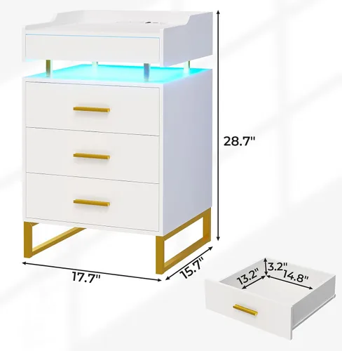 Miniatura 2 de BTHFST Mesita de noche LED con estación de carga, mesita grande con 3 cajones y 1 bandeja extraíble, mesa de noche moderna con luces LED, mesa