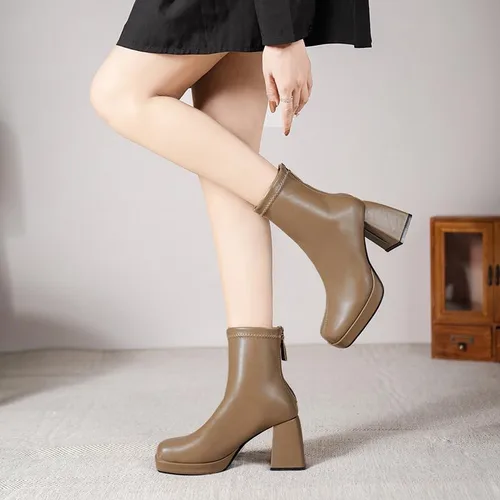 Miniatura 5 de RiceelSor Botines de tacón alto grueso para mujer, con cremallera lateral, punta cuadrada, impermeables, cómodas, con soporte de arco para oficina