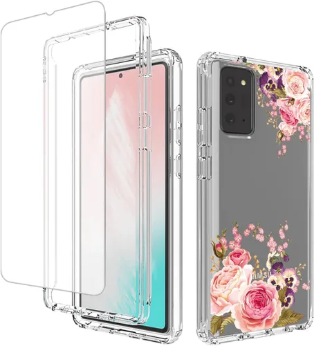Funda para Galaxy Note 20 5G, SM-N981U con protector de pantalla de vidrio templado, carcasa de cuerpo completo con diseño floral transparente para