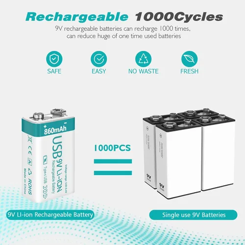 Miniatura 3 de Batería recargable de litio USB de 9 V de 860 mAh con cable de carga 4 en 1, baterías de 9 voltios 6f22 para detectores de humo (paquete de 8)