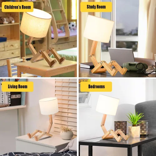 Miniatura 7 de Lámpara de mesa robótica, bonita luz de noche, brazos y patas de madera ajustables, bonita lámpara de escritorio, iluminación de noche novedosa