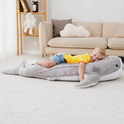 Miniatura 5 de Animal de Peluche Gigante de Tiburón Ballena Gris de 48 Pulgadas Tiburón Ballena Abrazable Peluche Almohada de Tiburón para Niños y Adultos, Regalo