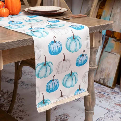 Camino de mesa de otoño, 13 x 72 pulgadas, calabazas azules, camino de mesa de otoño de Acción de Gracias, decoración de mesa para cocina, comedor,
