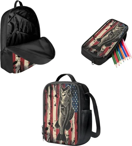 Miniatura 2 de Paquete de 3 bolsas escolares con estampado de bandera estadounidense para niños, mochila de gran capacidad para laptop, con cremallera, estuche