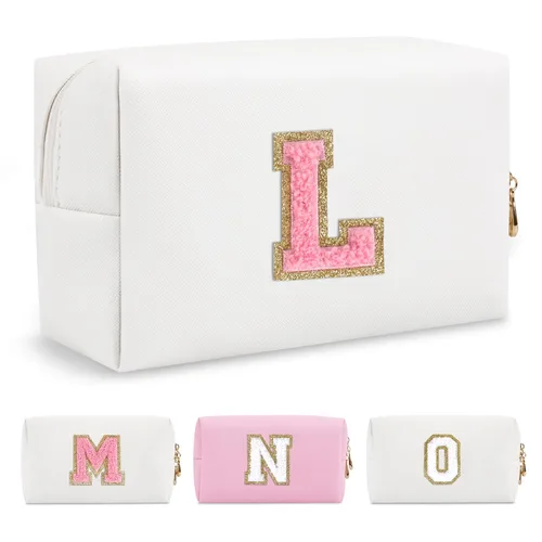 Miniatura 137 de Pequeña bolsa de maquillaje personalizada con inicial A-Z Preppy Patch, bolsa de cosméticos de viaje de felpilla blanca con cremallera, bonita bolsa