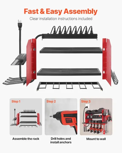 Miniatura 6 de VEVOR Organizador de herramientas eléctricas con estación de carga, estante de almacenamiento para taladros de 3 capas con 4 soportes para taladros