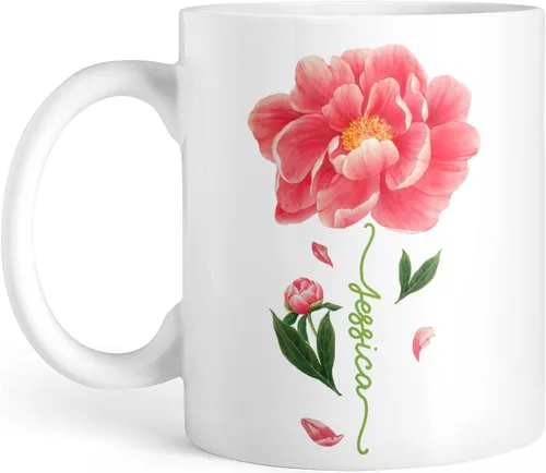 CUBICER Tazas de café personalizadas, diseño de flor de peonía, tazas de cerámica blanca, taza de viaje grande, vaso para beber, regalos de Navidad