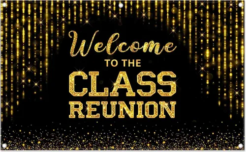 Telón de fondo dorado de 96 x 60 pulgadas con texto en inglés "Welcome to the Class Reunion 20th 30th 40th Reunion Fotografía Fondo de Fiesta