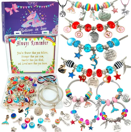 Kit de pulsera con dijes/joyería para niños y niñas, regalos de cumpleaños de unicornio, manualidades y juguetes para niñas de 5, 6, 7, 8, 9, 12 años