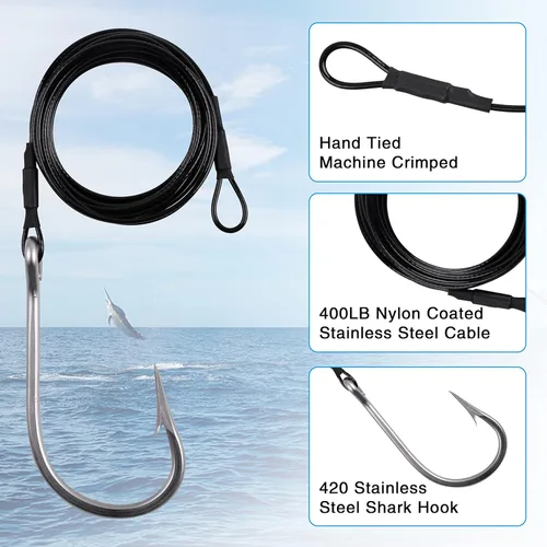 Miniatura 2 de Plataforma de tiburón de pesca, 2 unidades de aparejos de líder de pesca de surf con ganchos de atún y tiburón, cable de acero inoxidable, gancho