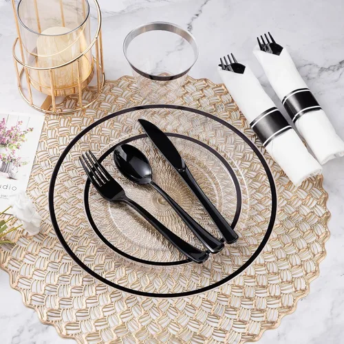 Miniatura 2 de Goodluck Juego de 350 piezas de vajilla de plástico negro para fiesta, platos desechables transparentes para 50 invitados, incluye: 50 platos
