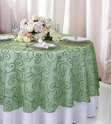 Miniatura 20 de Manteles de organza bordados redondos de 90 pulgadas, manteles de organza para bodas, fiestas, banquetes, eventos, color verde manzana