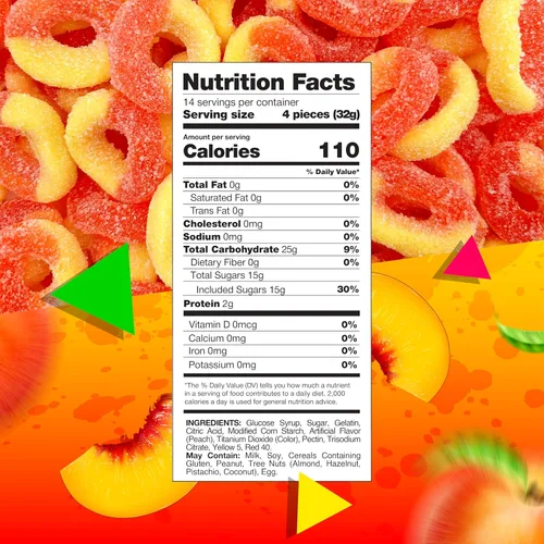 Miniatura 2 de Peach Rings - Gomitas de caramelo de goma Bolsa de 1 libra Dulces agridulces clásicos Anillos de goma con textura masticable Gomitas