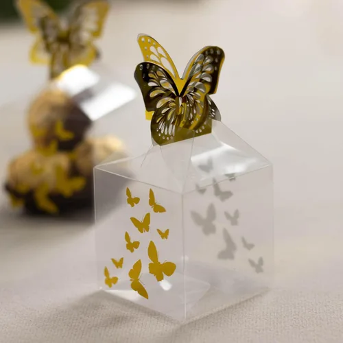 Miniatura 12 de Efavormart - Paquete de 50 recipientes de plástico para cupcakes de 3 pulgadas, color dorado y transparente, cajas cuadradas para fiestas, soporte