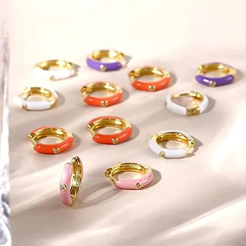 Miniatura 4 de ColorFULBLING - Aretes de aro para mujer, chapados en oro de 14 quilates, aretes de circonita cúbica de 0.354in, coloridos pequeños y bonitos aros