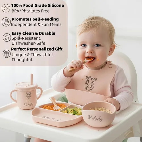 Miniatura 2 de Juego de Alimentación Personalizado para Bebé de 6 Piezas con Nombre, Grado Alimentario, Incluye Cuchara, Tenedor, Cuencos de Succión de Silicona