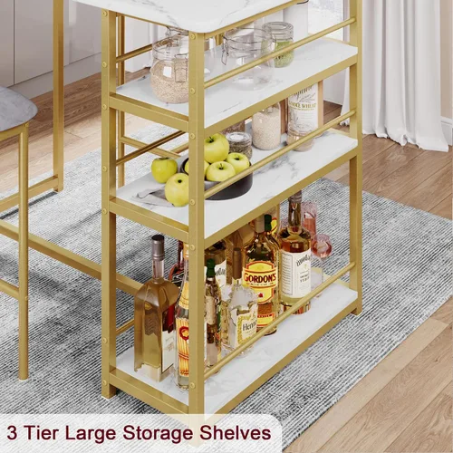Miniatura 4 de CABIHOME Juego de mesa de comedor para 2, mesa de cocina y sillas tapizadas de terciopelo para 2, juego de mesa de bar de altura de mostrador de 3