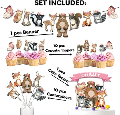 Miniatura 2 de Juego de decoración de baby shower del bosque – Suministros de fiesta de animales del bosque rústico con decoración para tartas "Oh Baby", pancarta