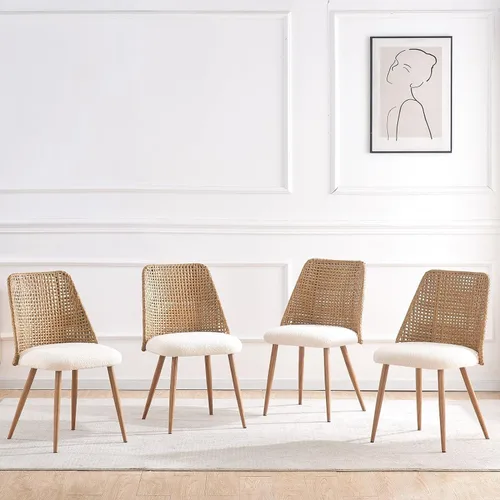 Juego de 4 sillas de comedor de ratán, sillas de cocina tapizadas Boucle, sillas de comedor modernas de mediados de siglo, sillas de caña de Blanco