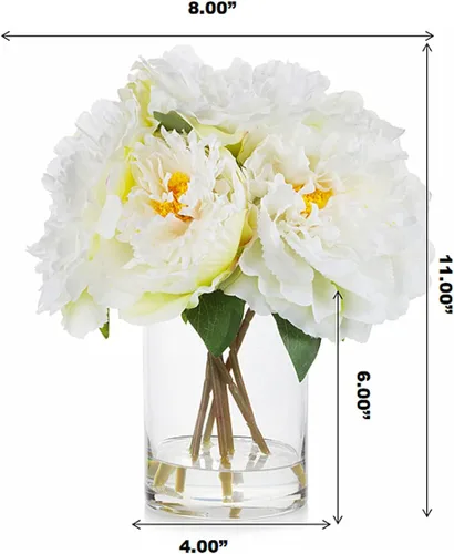 Miniatura 5 de ENOVA FLORAL Flores de seda de peonías en jarrón, flores falsas con agua sintética en jarrón de vidrio para decoración de mesa de comedor, centros