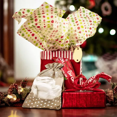 Miniatura 6 de Paquete de 12 bolsas de regalo medianas de lino, arpillera y organza con cordones (5x7 pulgadas, beige / lunares plateados) - Recuerdos de fiesta