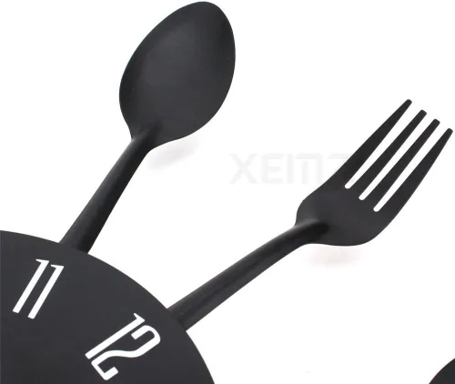 Miniatura 7 de Reloj de pared creativo con cuchillo de tenedor, cubertería de cocina, novedoso reloj colgante decorativo, cuchara de acero inoxidable, reloj Negro