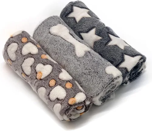 1 paquete de 3 mantas para cachorros, súper suaves y cálidas, tapete gris para dormir con bonito estampado de vellón esponjoso, manta de franela