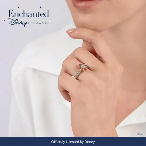 Miniatura 2 de Jewelili Enchanted Disney Fine Jewelry Anillo compuesto de oro rosa de 14 quilates sobre plata esterlina 1/4 Cttw Belle Rose