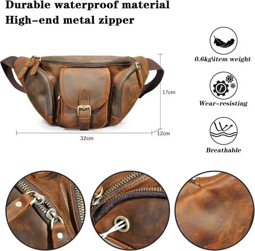 Miniatura 2 de Grueso caballo loco cuero senderismo equitación viaje al aire libre cinturón riñonera riñonera pequeña bolsa de teléfono para hombres mujeres 380