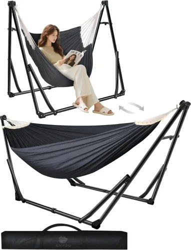 Anyoo Hamaca y silla oscilante 2 en 1 con soporte de acero plegable y funda de transporte, portátil y ajustable, fácil de instalar para exteriores,