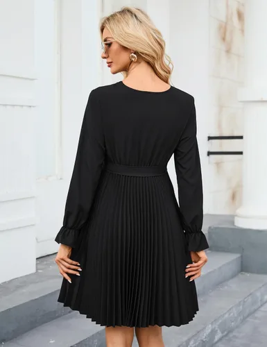 Miniatura 5 de KOJOOIN Vestido plisado de manga larga abombada para mujer, cuello en V, volantes, casual, con cinturón, vestido midi para baby shower, sesión