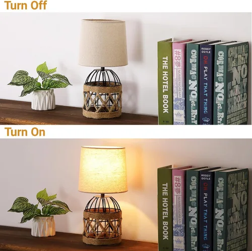 Miniatura 4 de Lámpara de mesa bohemia para dormitorio, pequeña lámpara de noche con base de jaula de metal de ratán y pantalla de lino, lámpara de mesita de noche