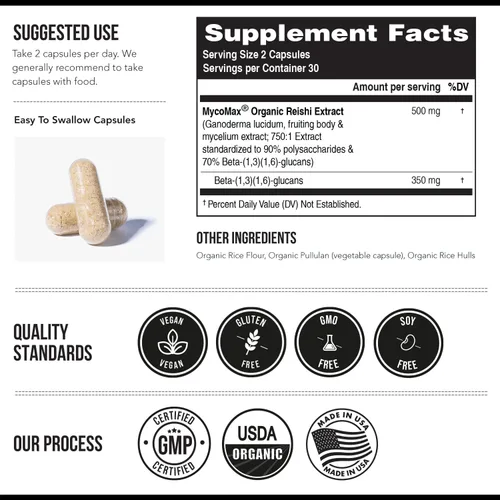 Miniatura 4 de Extracto orgánico de hongos Reishi - 70% de beta-glucanos - niveles más altos de nutrientes activos, potencia máxima, cultivo en Estados Unidos +