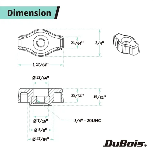 Miniatura 6 de DuBois Paquete de 10 perillas de ala de 1/4 de pulgada y 20 pomos de sujeción roscados para pista en T y accesorios de sierra de mesa, tablero