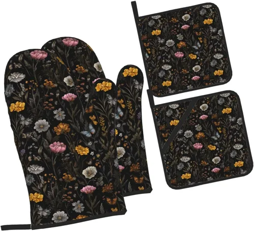 Miniatura 10 de Manoplas de horno y soportes para ollas, arte de mármol blanco y dorado, juego de 4 guantes de cocina resistentes al calor, antideslizantes