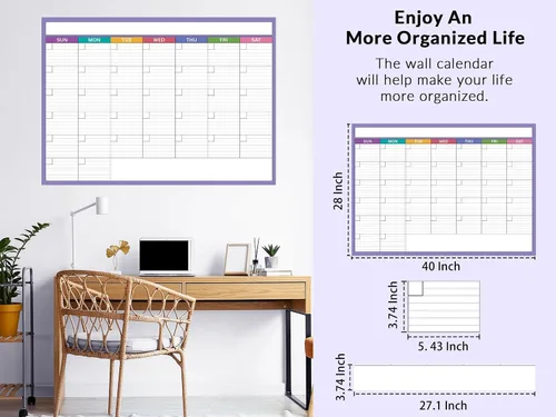 Miniatura 3 de Calendario grande de borrado en seco para pared, 40 x 28 pulgadas, calendario laminado borrable y reutilizable, calendario de pared sin fecha de 1