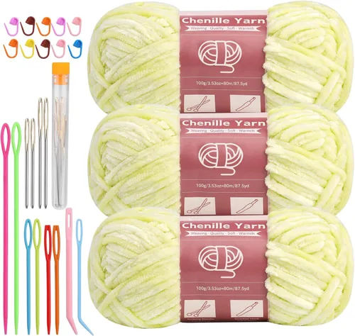 Miniatura 37 de LUNARM Hilado de chenilla para tejer y hacer ganchillo, 3 madejas de 240 metros de hilo grueso, suave y voluminoso, para tejer mantas, ropa y Beige