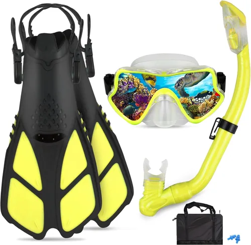 Miniatura 6 de Juego de esnórquel para niños – Aletas ajustables + máscara de esnórquel panorámica + tubo de esnórquel seco + bolsas de viaje – Adecuado para niños