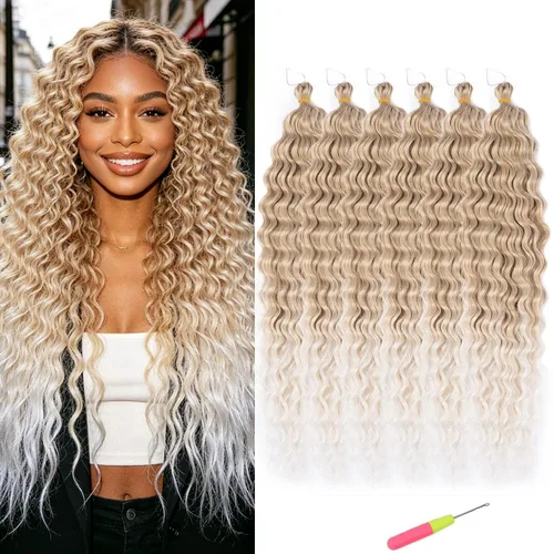 Miniatura 37 de MAYSA Extensiones de cabello sintético de ganchillo con ondas oceánicas, color 4 marrón, 22 pulgadas, rizado trenzado, extensiones de cabello