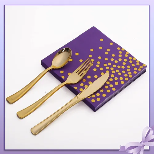 Miniatura 7 de 175 piezas de decoraciones de fiesta moradas y doradas, juegos de platos, tazas y servilletas moradas, platos desechables dorados para suministros