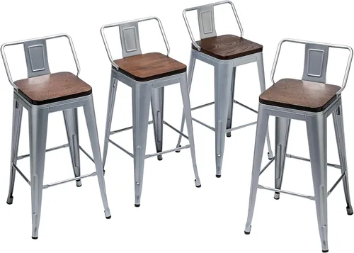 Miniatura 17 de Taburetes de bar de metal con respaldo, juego de 4 taburetes de altura de encimera de cocina con asiento de madera de 24 pulgadas, negro mate