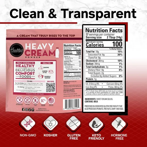 Miniatura 2 de Healthier Comforts Polvo de Crema Espesa (72% Grasa Láctea) Kosher, Sin Gluten, Sin OGM, Apto para Keto, Libre de Antibióticos y Hormonas