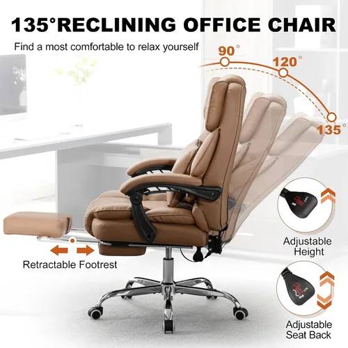 Miniatura 6 de Silla de oficina ejecutiva de masaje amasado con calefacción, silla de oficina reclinable de 90-135° con reposapiés, silla de escritorio