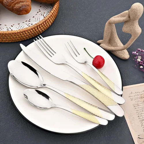 Miniatura 2 de JASHII Juego de cubiertos martillados, 20 piezas de acero inoxidable de alta calidad para 4, incluye tenedor y cucharadita, apto para lavavajillas
