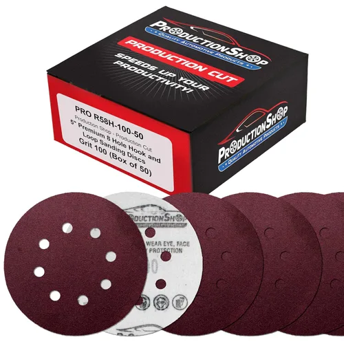 Miniatura 12 de ProductionShop Discos de lijado de grano 40 con patrón rojo de 8 agujeros de 5 pulgadas, caja de 30, papel de lija sin polvo con respaldo de gancho