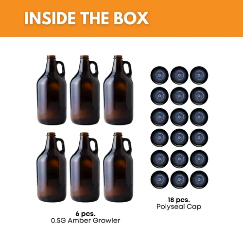 Miniatura 2 de FastRack - Growlers de vidrio ámbar de 64 onzas (paquete de 6) Cultivador de cerveza de medio galón con 18 tapas de sellado de polietileno Jarra