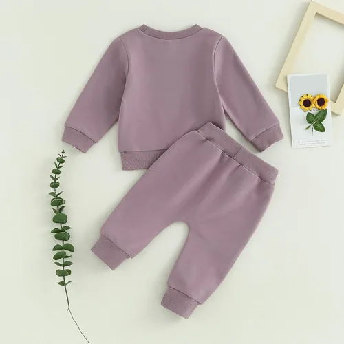Miniatura 60 de Conjunto de 2 piezas de ropa de otoño para bebé y niña, sudadera de manga larga con cuello redondo y pantalones deportivos, conjunto de traje
