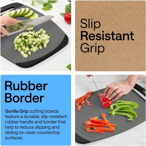 Miniatura 3 de GORILLA GRIP Juego de 3 tablas de cortar de cocina reversibles sin BPA, diseñadas en Estados Unidos, no porosas, ranuras para jugos atrapan Gris