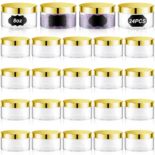 Miniatura 30 de Dandat 24 piezas 8 oz tarro de plástico con tapa y etiqueta recargable, contenedor redondo transparente vacío con muestras cosméticas PET blancas