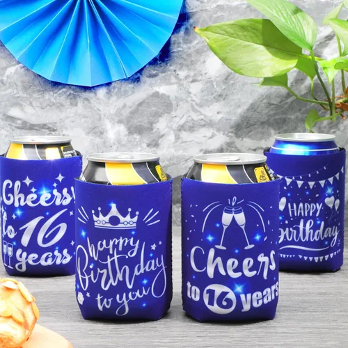 Miniatura 3 de Decoración de manga enfriadora de latas de cumpleaños número 16, 24 piezas de recuerdos de fiesta para niñas y niños, suministros de decoración